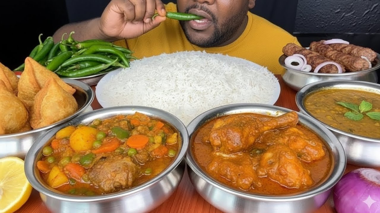 Eating Chicken Curry, Vegetable Curry and White Rice With Green Chilies