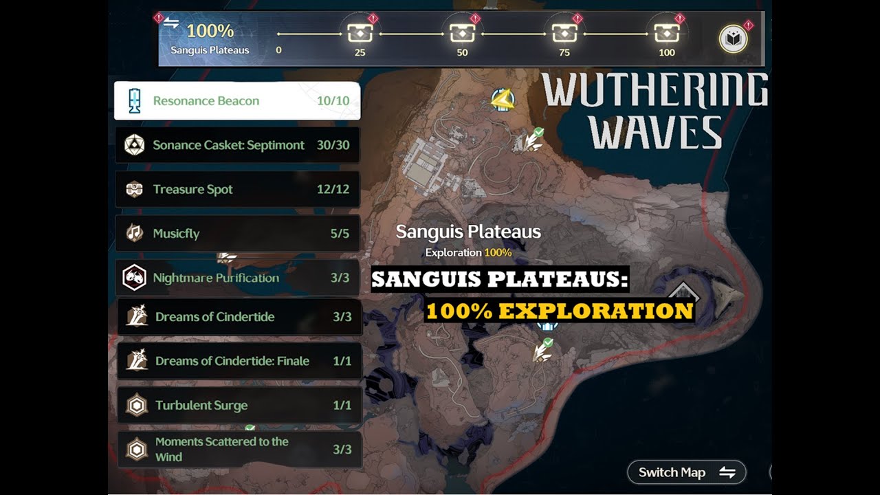 [Wuthering Waves](Treasure loot) Rinascita: Sanguis Plateaus - 100% Exploration Proress