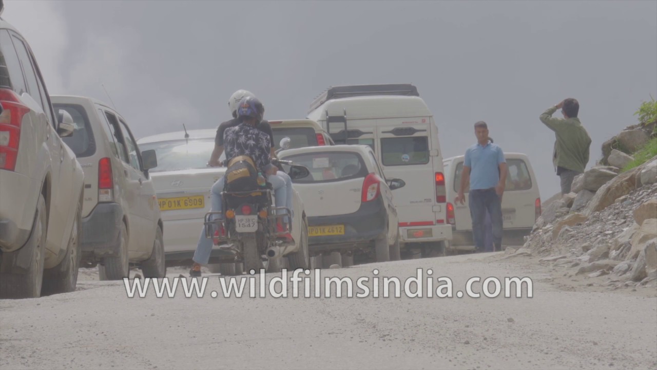 Traffic jam at Rohtang La pass above Manali in Himachal, en route Spiti or Ladakh