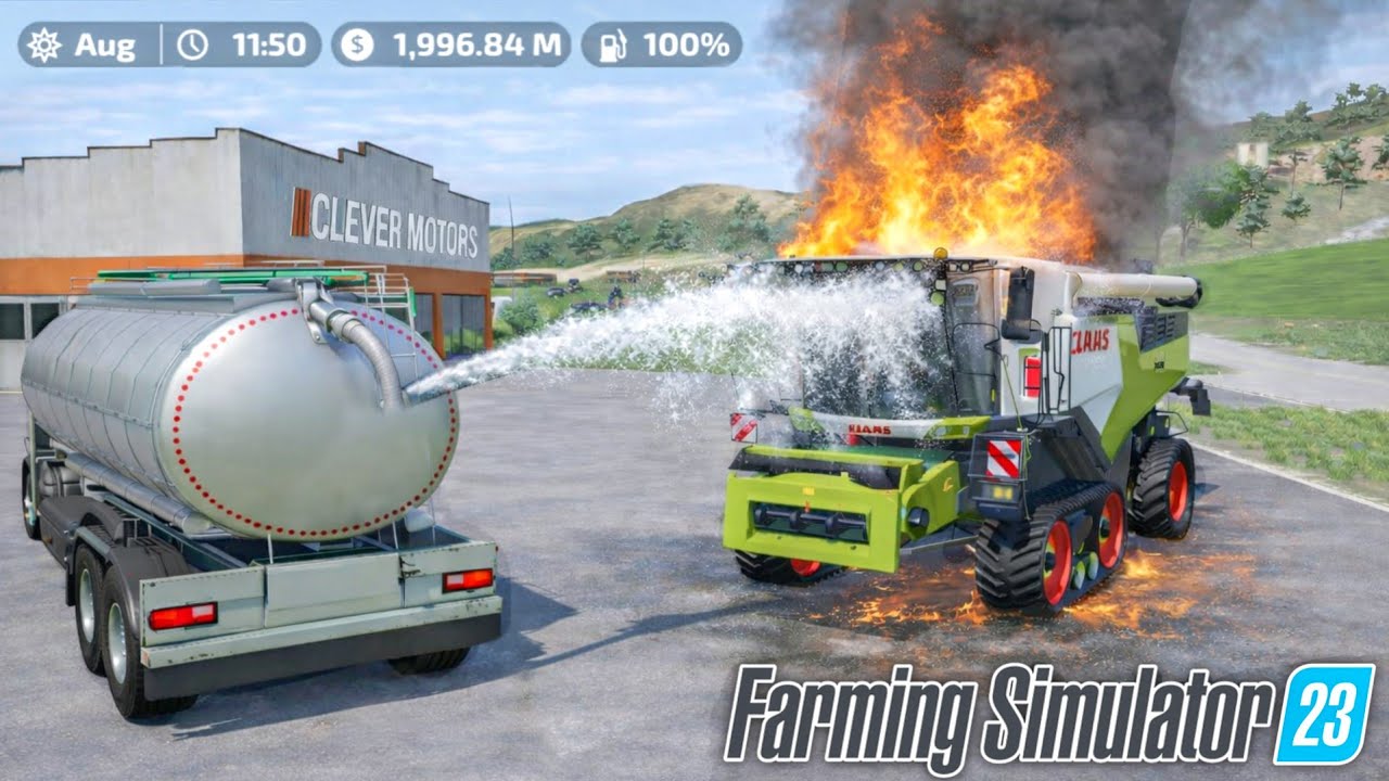 В игре Farming Simulator 23 комбайн загорелся и был опрыскан водой из цистерны.