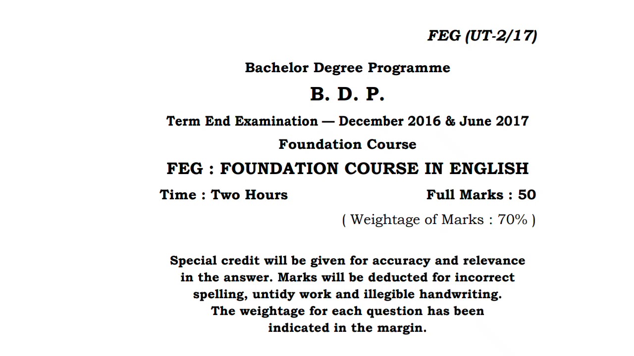 NSOU Previous year question paper BDP FEG 2016 - 17