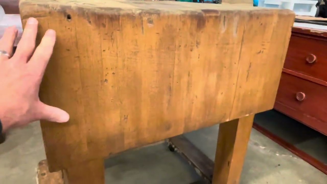 10-15-24 Auction: Antique Butcher's Block (large & heavy) thick wood top on legs