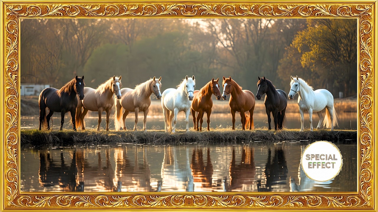 Animated 8 Golden Horses by Still Water | Wealth Energy Frame TV Art (4K UHD)