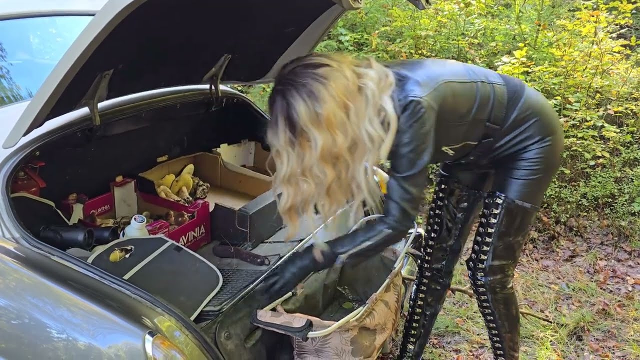 Granate Styling, walking in forest, collecting mushrooms, thigh high boots, high heels