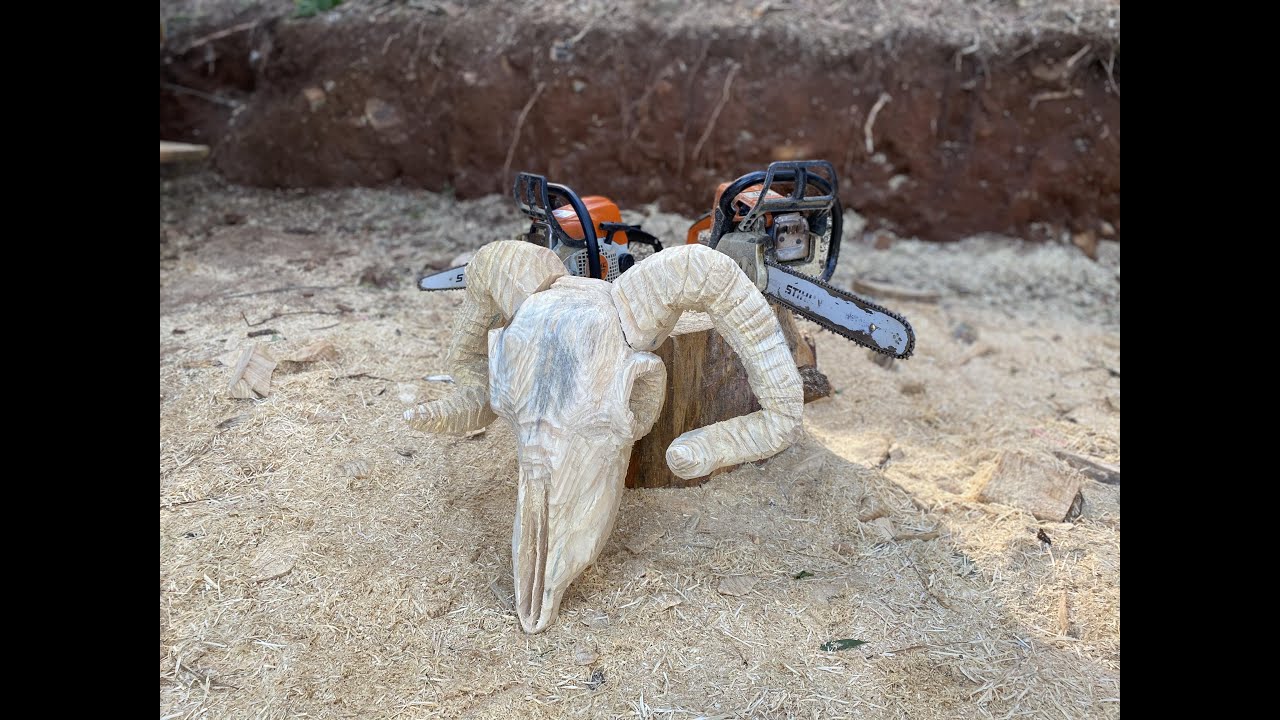 Ram Skull Carved with Chainsaw! Woodwork art with chainsaw.
