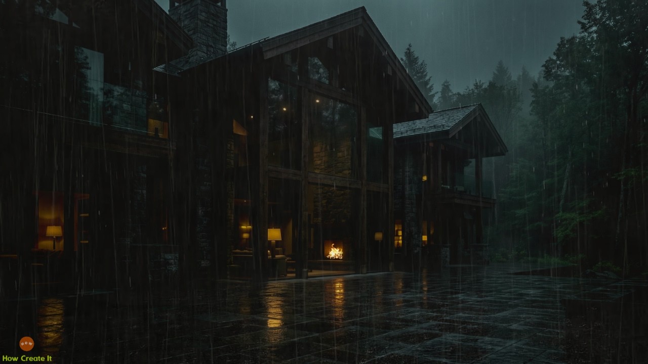 Deep Night Rain At A Forest Glass House With Warm Fireplace Ambience For Calm Relaxation