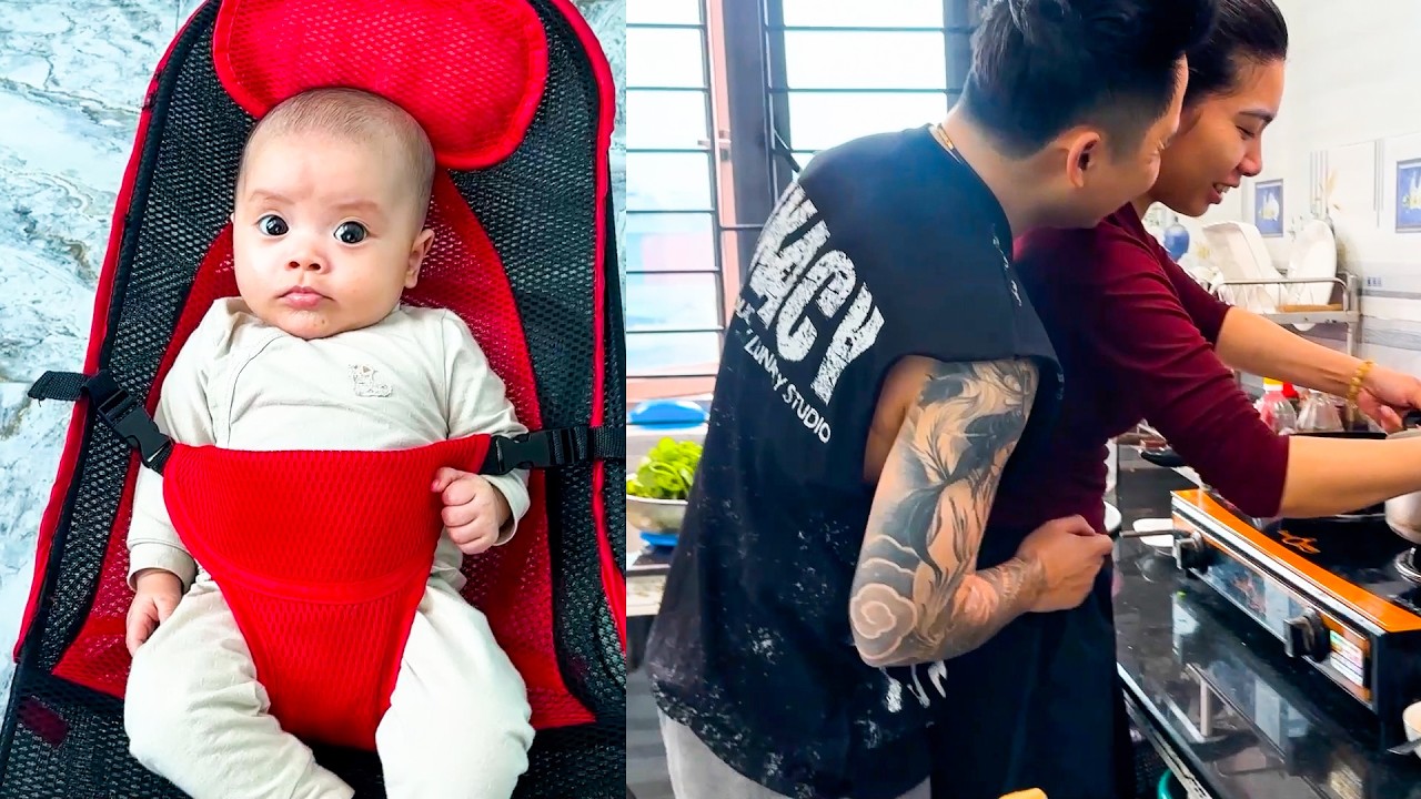 Baby Kim lay quietly while Dad and Mom cooked in the kitchen