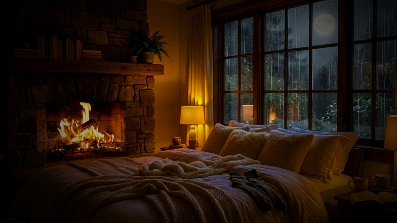 Rainy Night in Cozy Cabin Bedroom with Fireplace 🔥🌧️ | 8 Hours Rain Sounds for Deep Sleep
