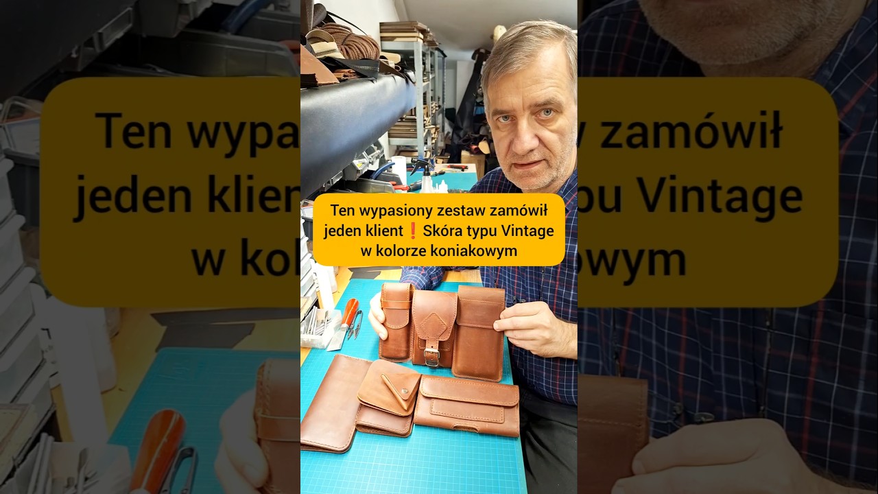 Zestaw sk&oacute;rzanych wyrob&oacute;w z naturalnej sk&oacute;ry bydlęcej w typie Vintage koloru koniakowego