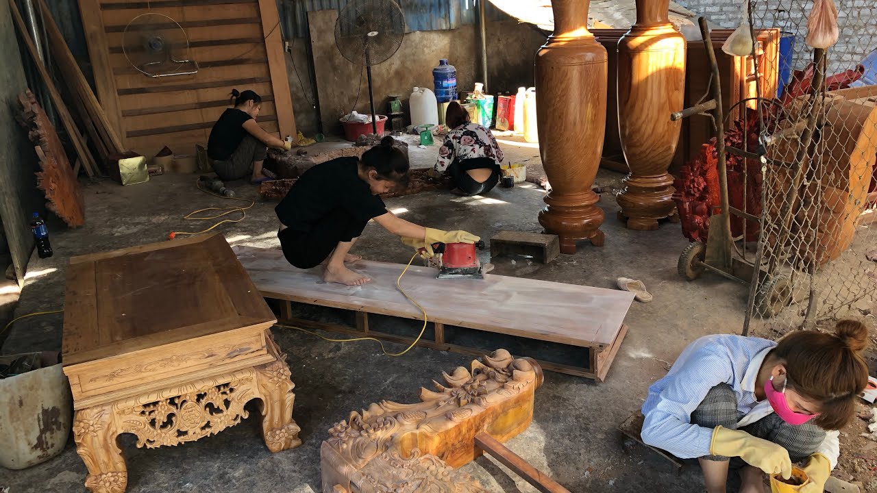 Toàn cảnh xưởng sơn pu của đồ gỗ đức đoan