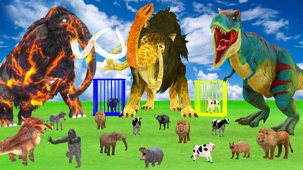 5 Giant Mammoth Elephant Cow Vs 5 Giant Indian Elephant Vs 5 Zombie Lion Dinosaur Cub Saved Mammoth