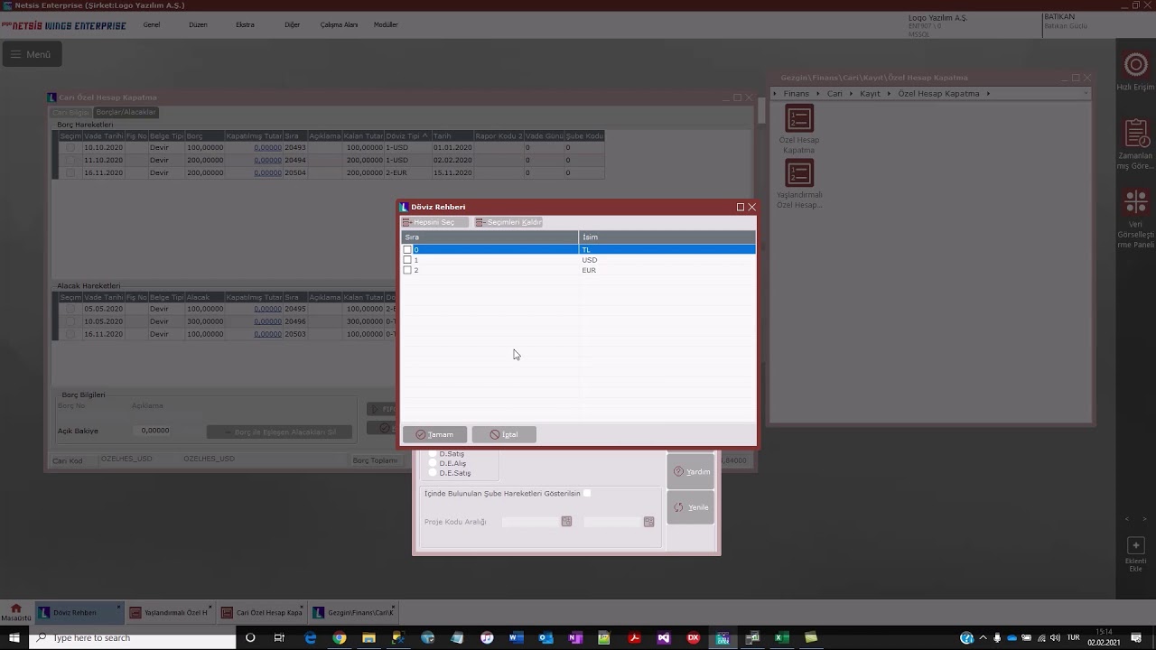 Netsis Yaşlandırmalı Özel Hesap Kapatma Çoklu Döviz Desteği