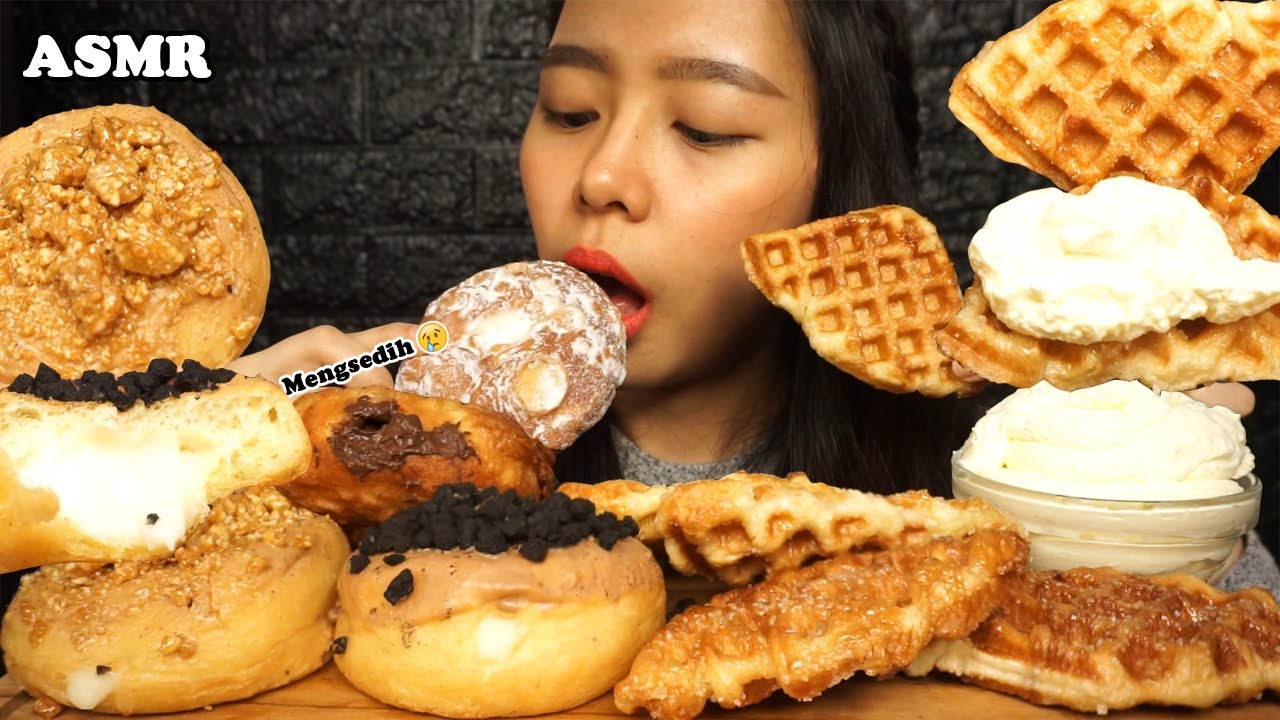 ASMR CROFFLE (Croissant Waffle) with Fresh Whipped Cream & Cream DONUTS | Eating Sounds