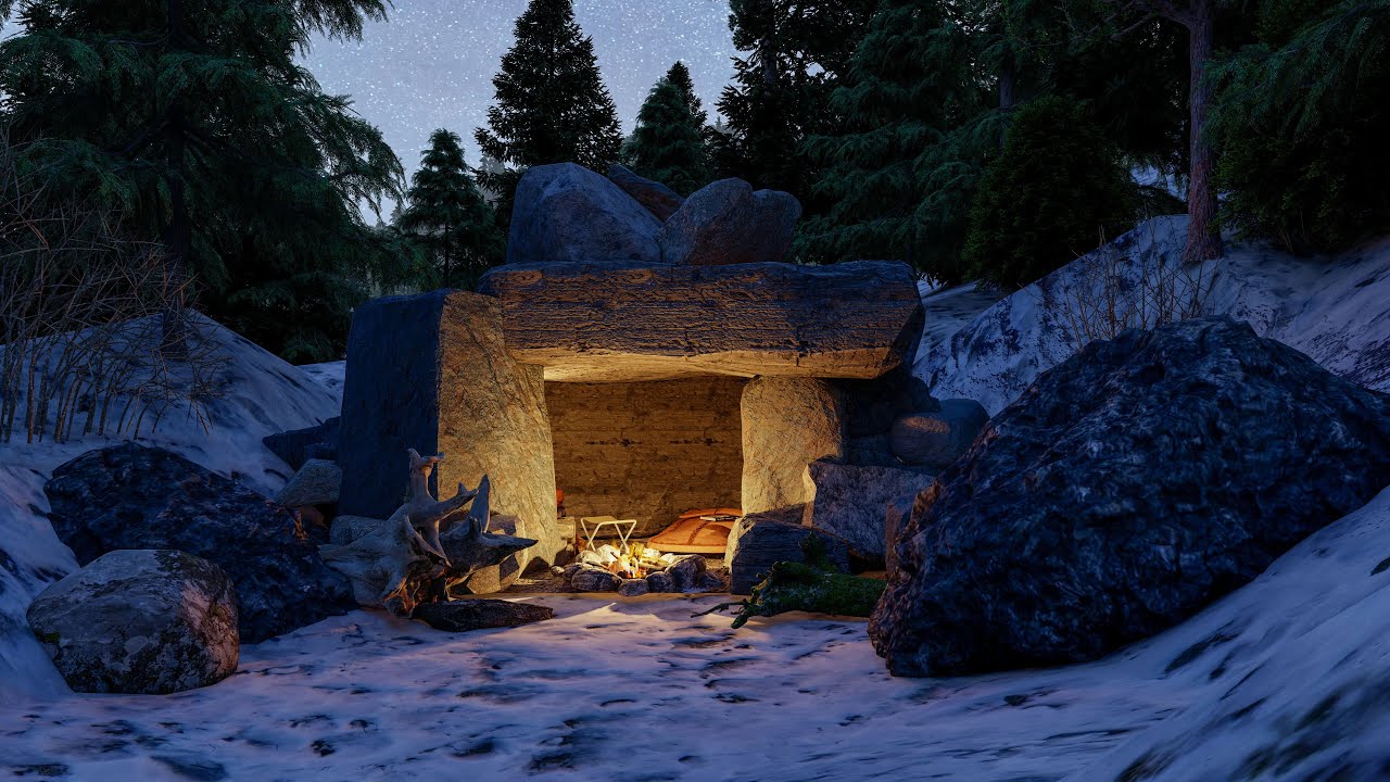 Snowy Cave Camping - Blizzard and Fireplace Sounds for Sleeping - Fireplace and Book