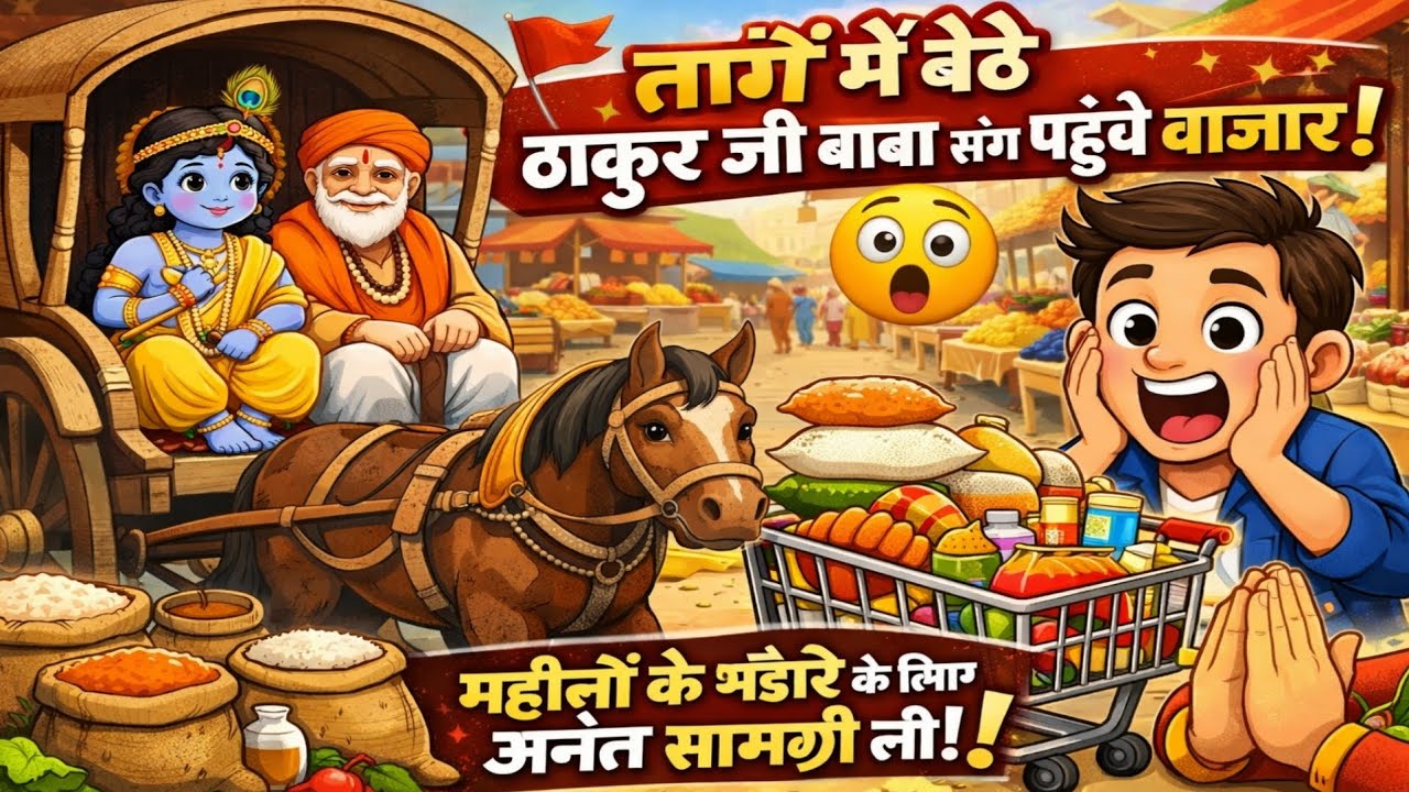 🚩 तांगे में बैठे ठाकुर जी बाबा संग पहुँचे बाजार 😲 महीनों के भंडारे के लिए अनंत सामग्री ली! 🛒🙏