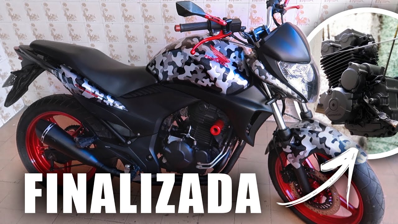 PINTURA TOP NO MOTOR E OUTRAS PARTES DA CB 300R CAMUFLADA - PRETO FOSCO
