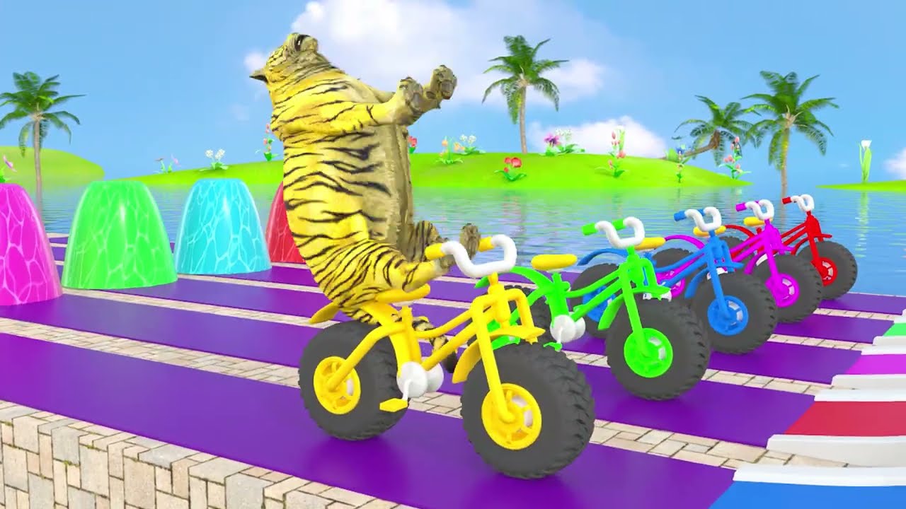 Long Slide Game With Elephant Gorilla Buffalo Hippopotamus Tiger - 3d Animal Game - Funny 3d Animals