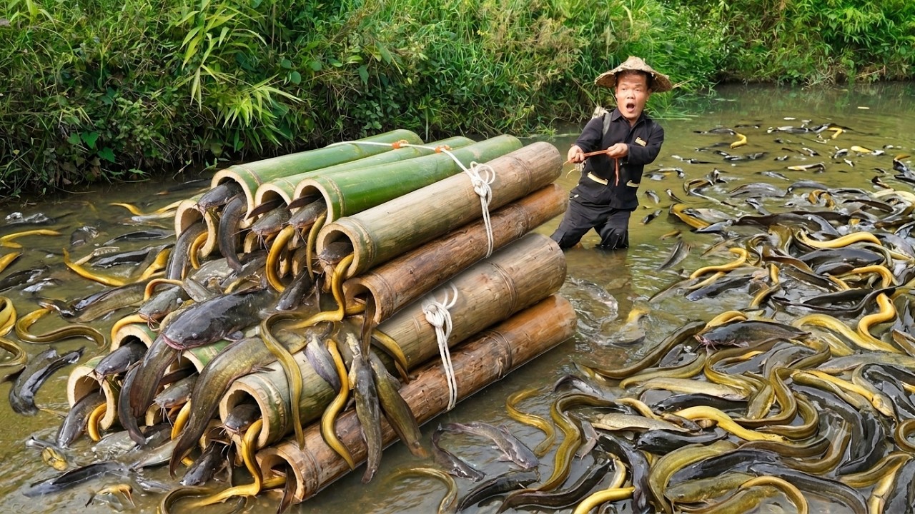 Dwarf Family Catches Eels and Catfish Using Giant Bamboo Tubes | Primitive Survival Life