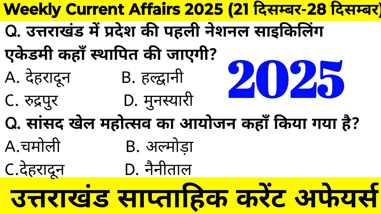 Uttarakhand Current Affairs 2025 | Weekly Current Affairs | साप्ताहिक करंट अफेयर्स @JARDHARICLASSES