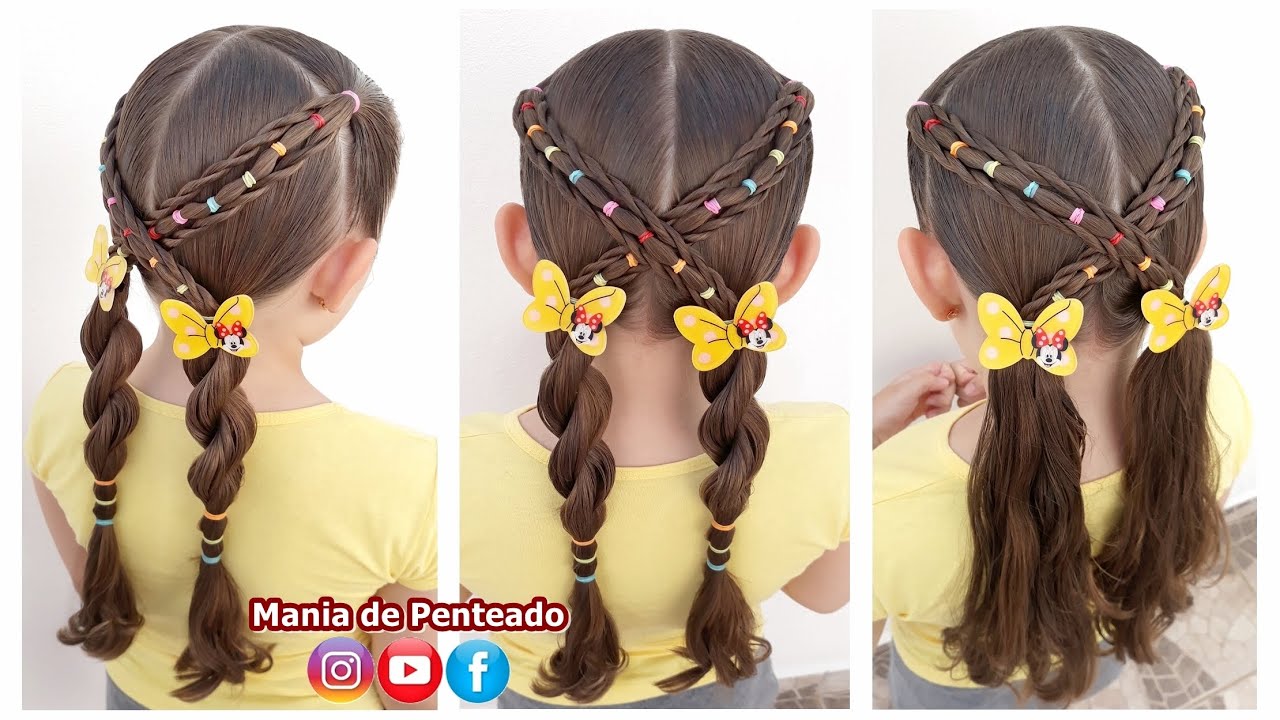 Penteado Infantil com Tranças e Maria Chiquinha | Two Ponytails Hairstyle with Braids for Girls