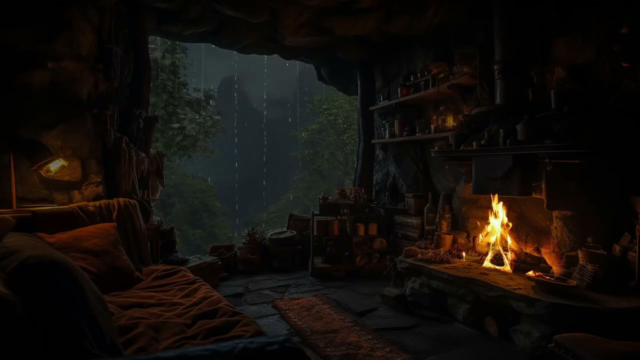 Cozy Cave Shelter in Heavy Rain– Drift to Sleep Fast with Soothing Rainfall & Crackling Fire Sounds