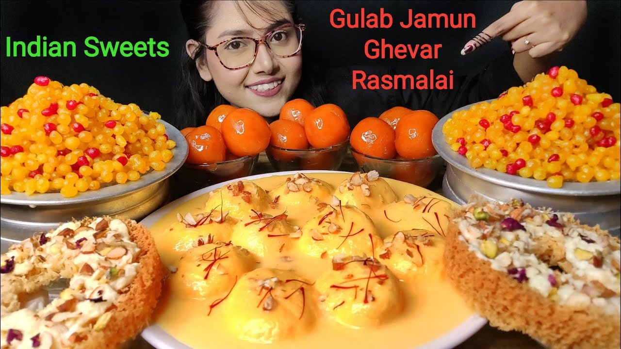 Eating Rasmalai, Gulab Jamun, Ghevar, Sweet Boondi | Big bites | Asmr Eating | Mukbang | Dessert