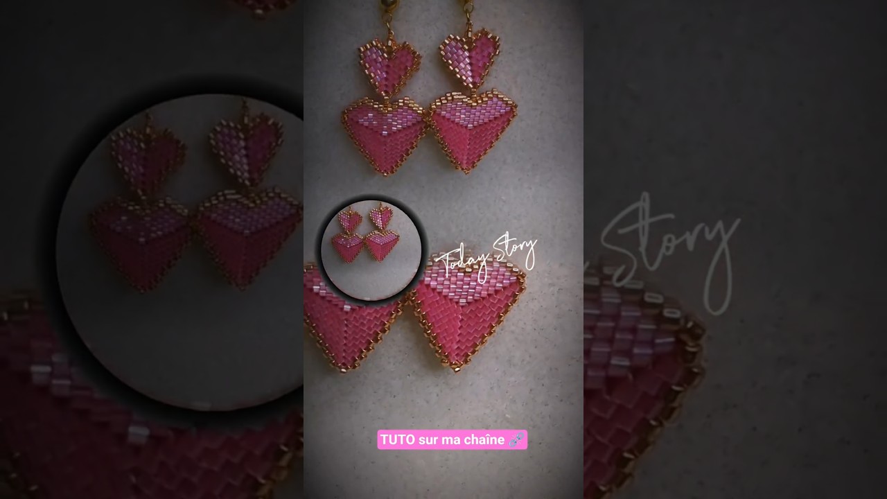 Boucles d’Oreilles Double Cœur 3D en Perles Miyuki Rose et Doré #perles #bijoux #faitmain #miyuki