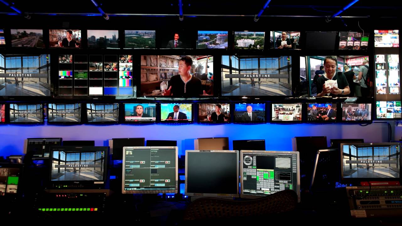 4K Television Studio Control Room Backdrop Stock Footage