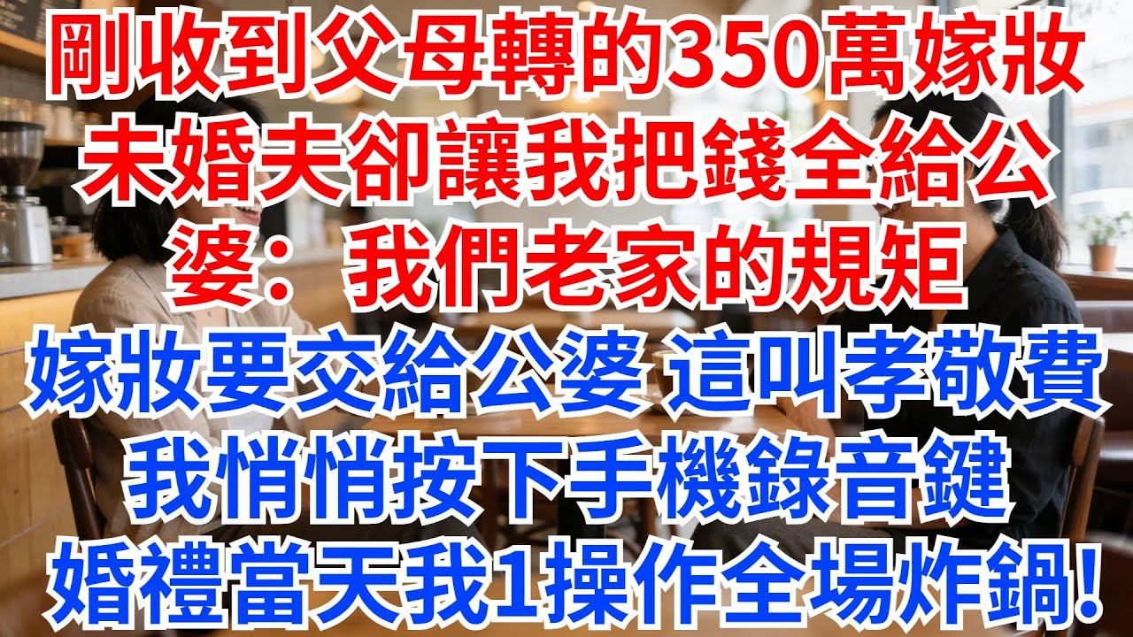 剛收到父母轉賬的350萬嫁妝，未婚夫卻讓我把錢全給公婆：我們老家的規矩，嫁妝是要交給公婆的，這叫孝敬費！我悄悄按下手機錄音鍵，婚禮當天我1操作全場炸鍋！#家庭矛盾 #故事分享 #情感故事