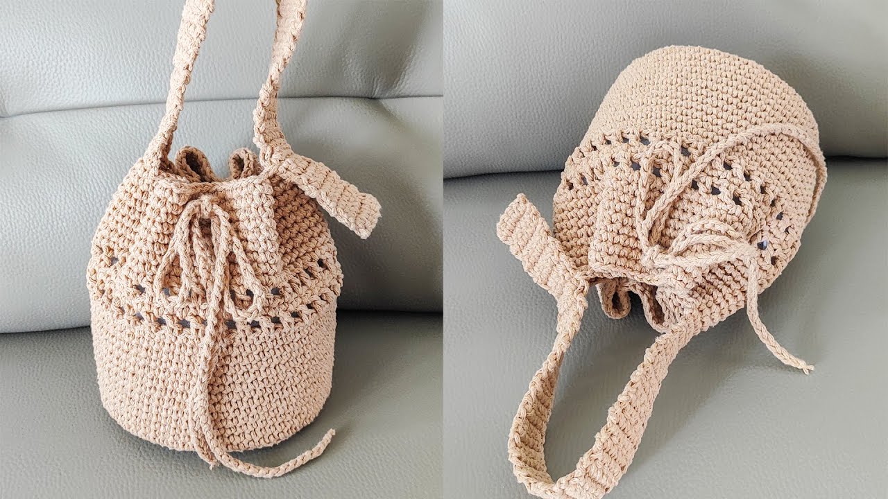 钩针水桶束口包--Crochet Bucket Drawstring Bag
