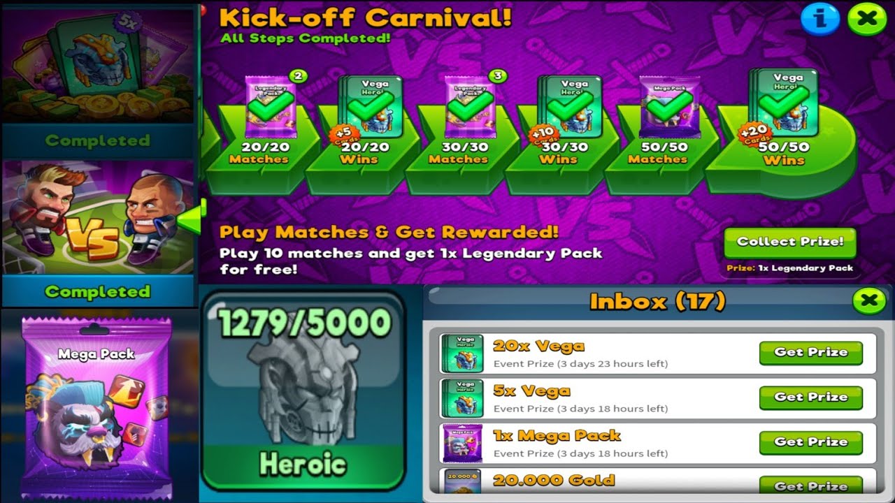 Head Ball 2 | Kick-off Carnival & Point fiesta rewards  | Mega Pack | 1279 Vega cards