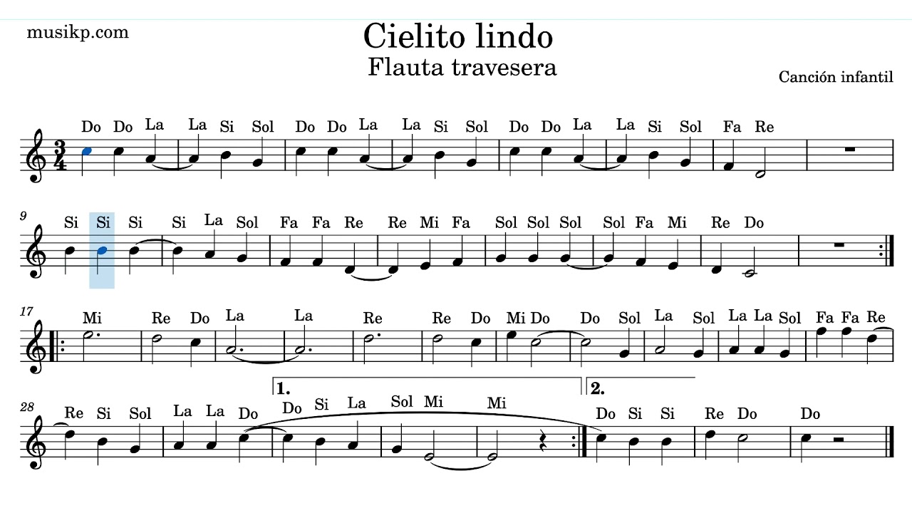 Cielito lindo - Partitura para flauta travesera con notas