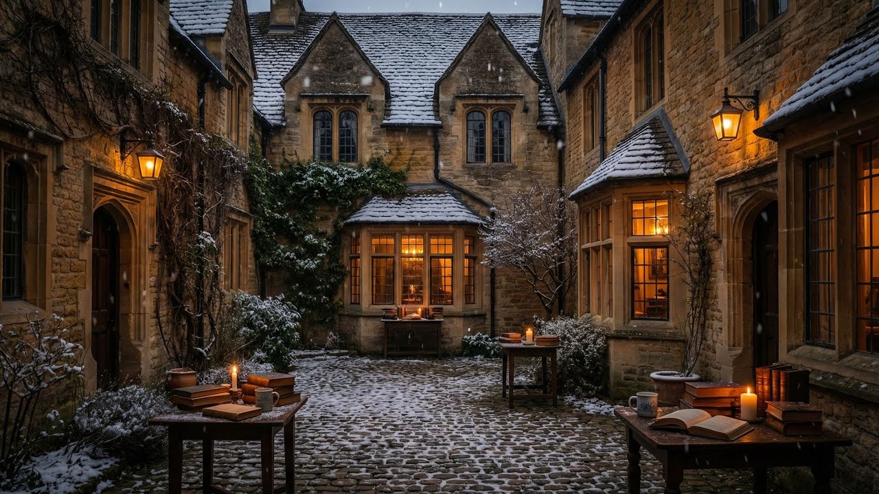 Candlelit Gothic Courtyard in Falling Snow ❄️ Victorian London Dark Academia Music for Reading