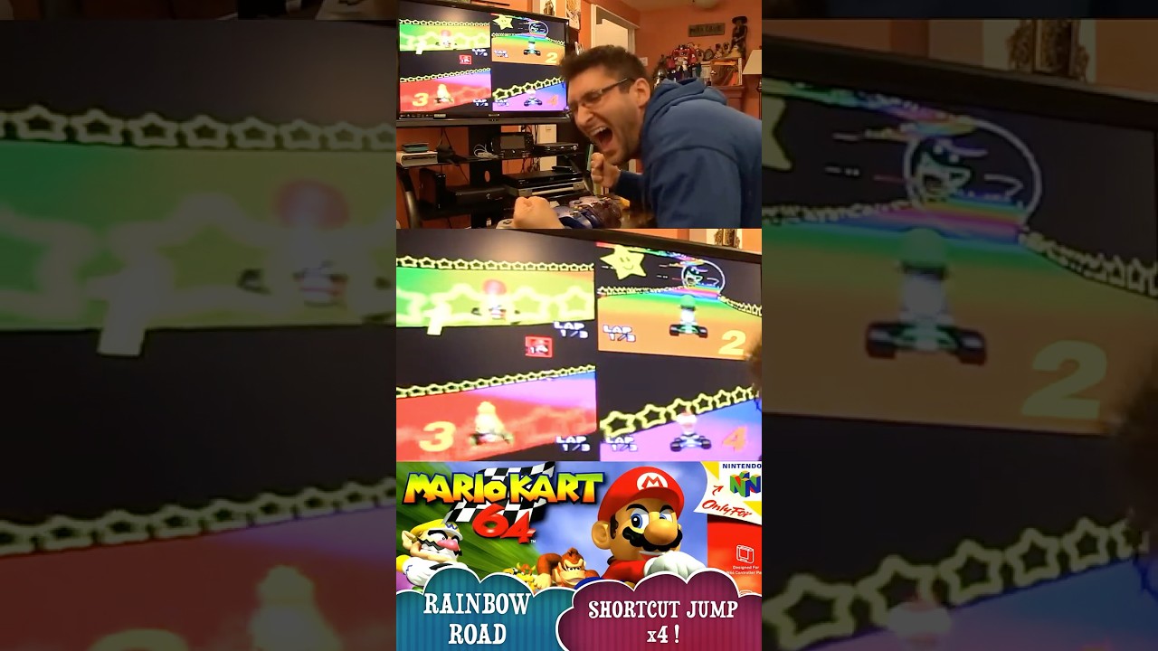 Mario Kart 64 Rainbow Road Shortcut Jump x4!