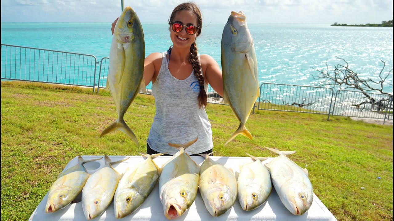 Nonstop Fishing Action! Yellow JACK CATCH CLEAN & COOK! Florida Keys Bridge Fishing