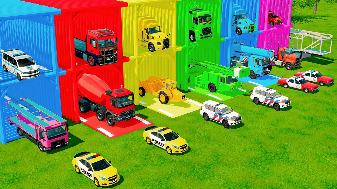 TRANSPORTING EMERGENCY & PUBLIC WORK VEHICLES, POLICE CARS, DUMP TRUCK, FIRE ENGINE TO GARAGE - FS22