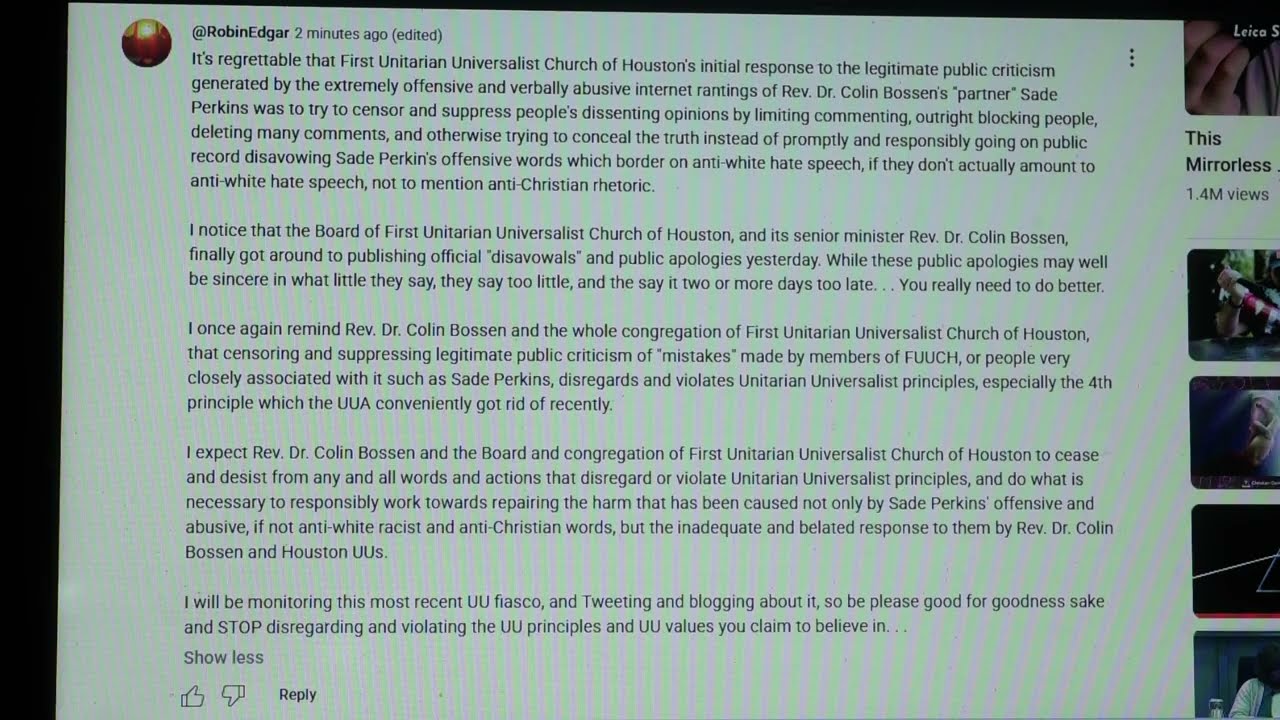 First Unitarian Universalist Church Of Houston Censorship Violates UU Principles & Values RME 9757