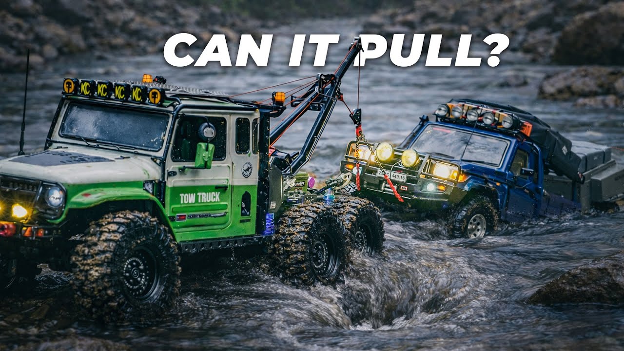 RC Crawler River Rescue  Toyota LC70 Camper Trapped – TRX6 FJ45 Tow Truck Saves the Day
