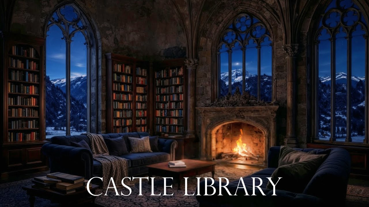 Cozy Winter Castle Library Ambience | Fireplace for Sleep, Reading & Relaxation (8 Hours)