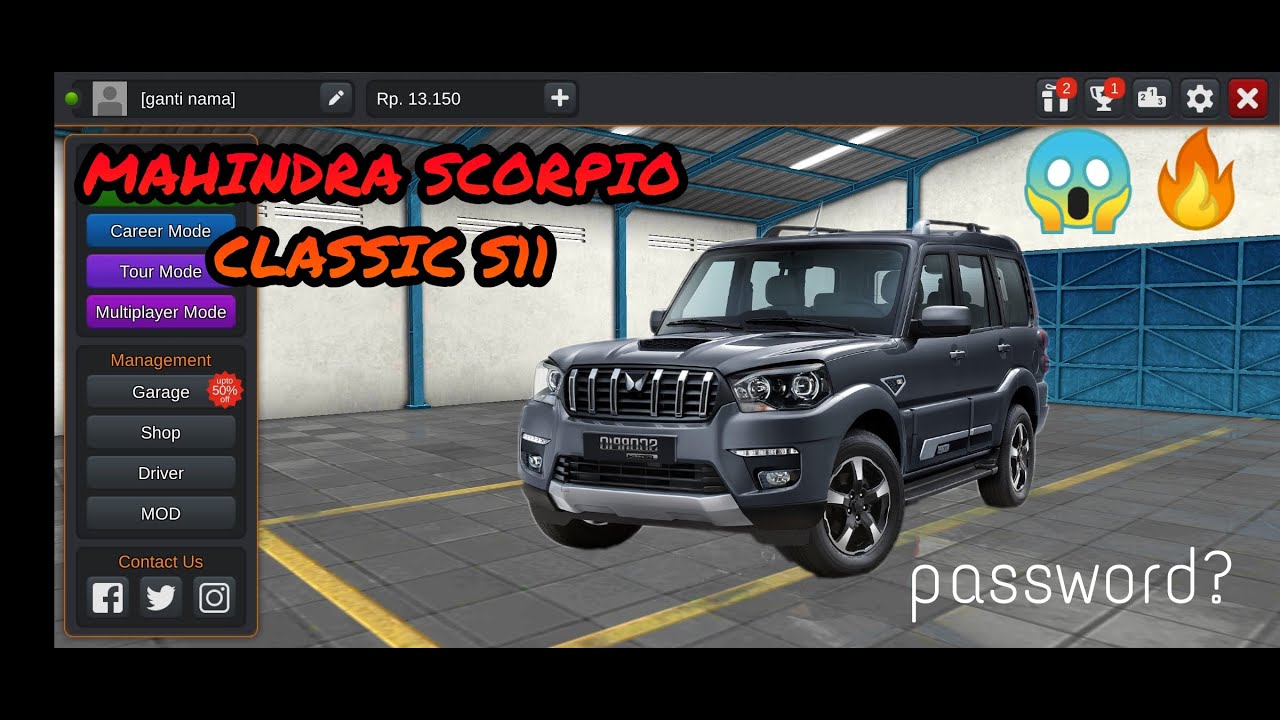 New Mahindra Scorpio Classic S11 bussid mod download | password ? 🤔