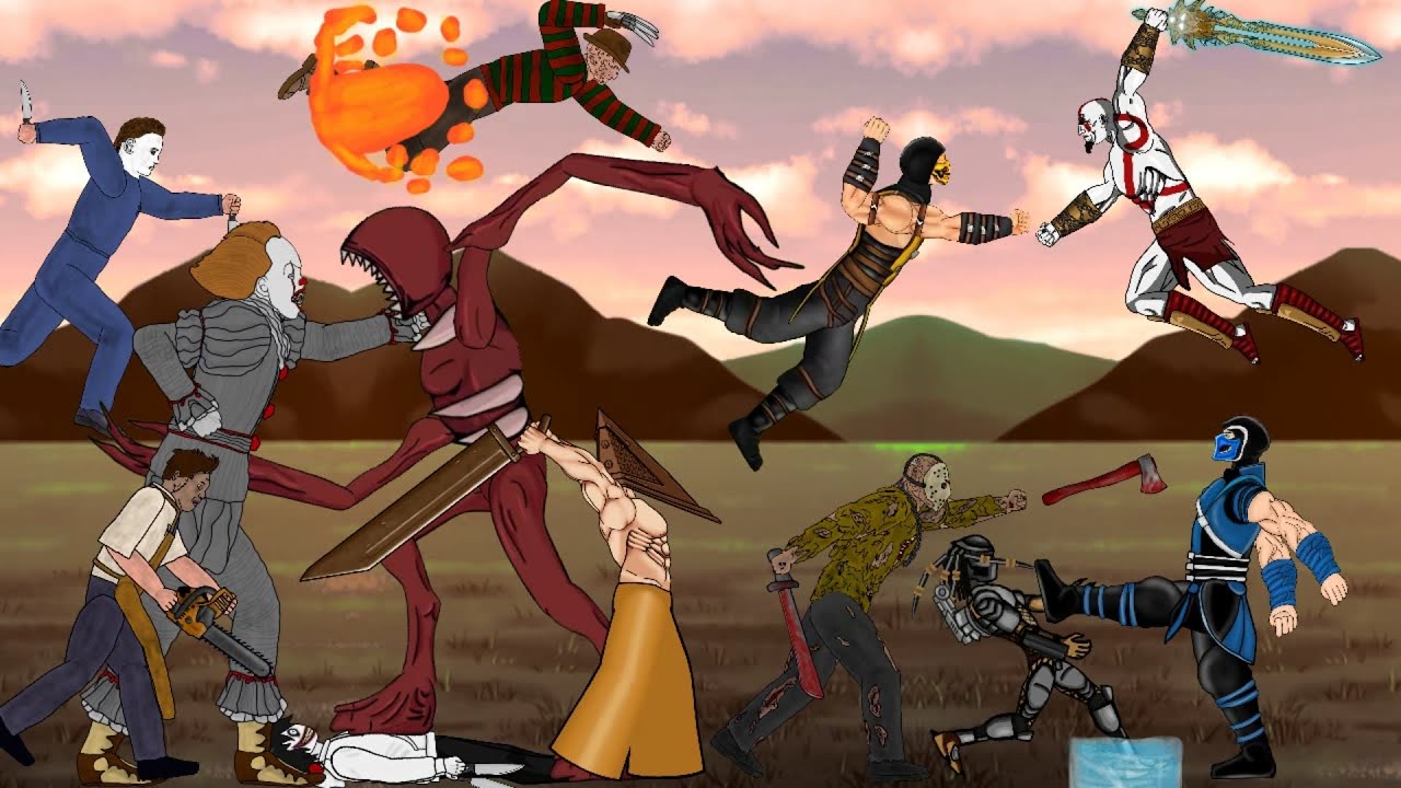 God of War Kratos vs The Figure Door Vs Scorpion, Sub-Zero Vs Jason, IT, Freddy, Predator, Jeff, Dc2