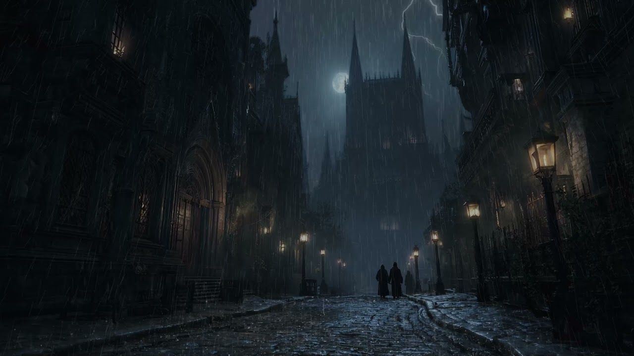 Misty Gothic Pathway with Hooded Figures &ndash; Lanterns, Cathedral & Haunted Medieval Lane