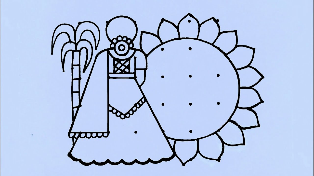 Sankranti pongal pot kolam with traditional girl from 6×6 dots // Sankranti Rangoli // Pongal kolam