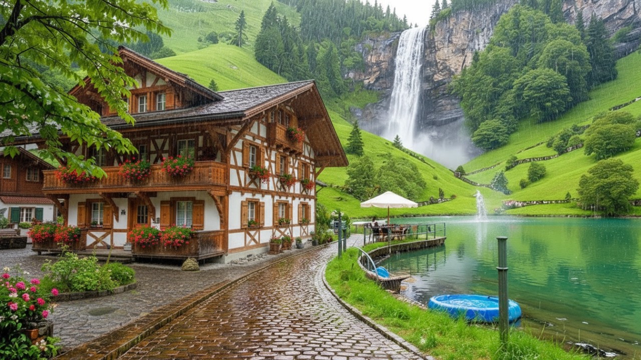 Relaxing Walk in Swiss Villages During Heavy Rain 4K 🌧️ Natural Rain Sounds