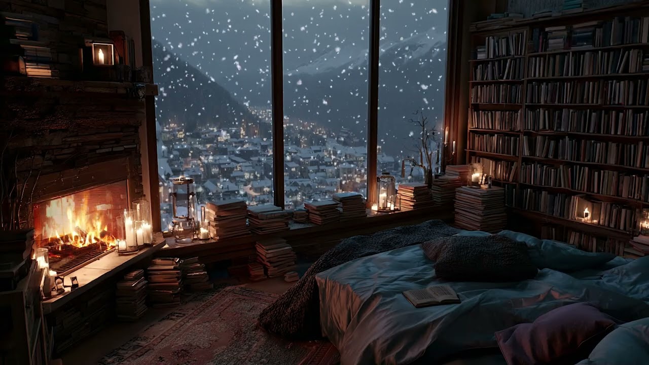 Tranquil Winter Cabin at Night | Soothing Fire Sounds & Falling Snow for Deep Sleep
