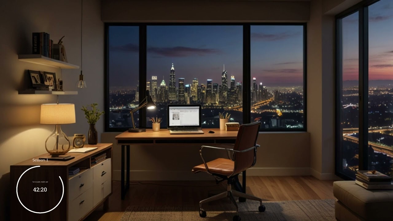 A quiet home office featuring natural sounds and hushed city ambiance