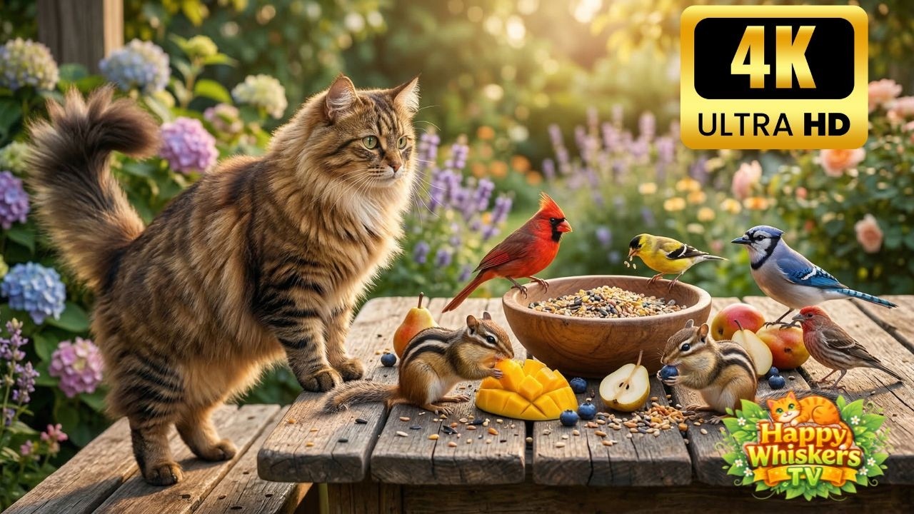 Cat TV NO ADS 😺 Птицы и белки играют у фонтана 🐦🐿️ Спокойная природа 4K