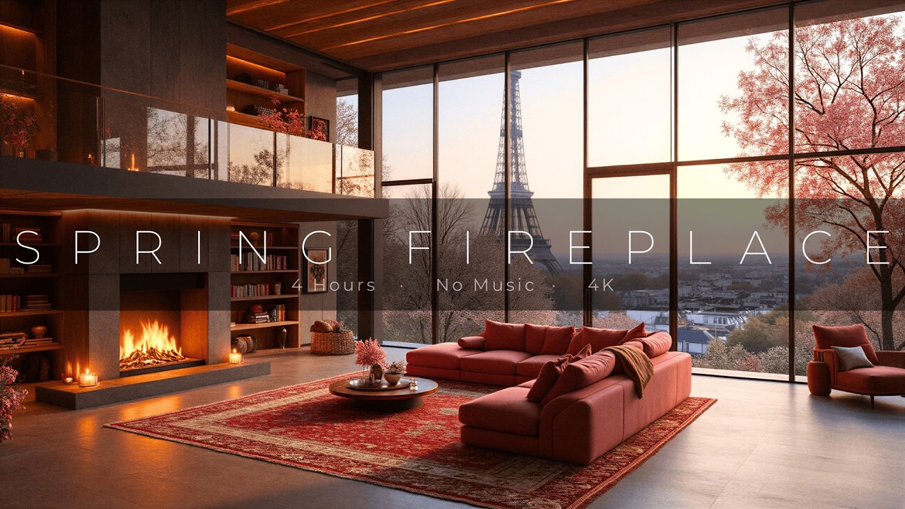 Spring in Paris 🗼🔥 Cozy Fireplace with Eiffel Tower View | Crackling Fire Sounds 4 Hours 4K
