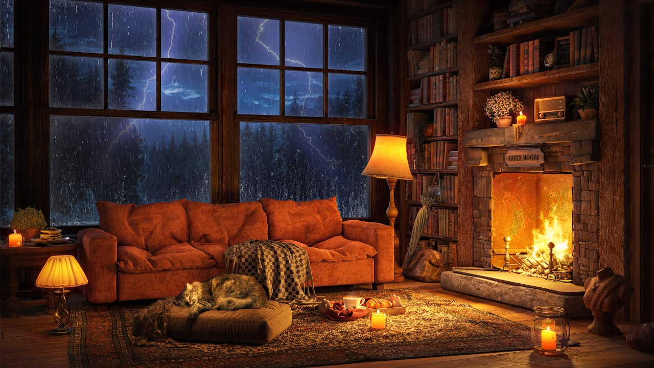 Cabin Serenity 🔥 Fireside Coziness, Thunder & Rain Sounds 🌩️ Jazz Harmony for Relaxing Nights