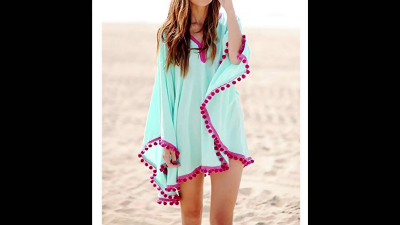 Bestyou Womens Beachwear Cover up Tunic Pom Pom Trim Cover up Blue